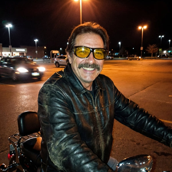 HiLense customer wearing night riding glasses
